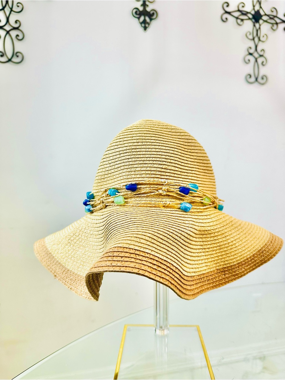Panama Jack Tan Straw Floppy Hat with Blue Bead Trim